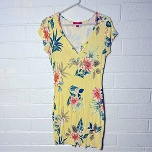 GUESS perfect Y2K Dress Bling Gold Glitter Logo Lettering Ribbed Yellow Floral